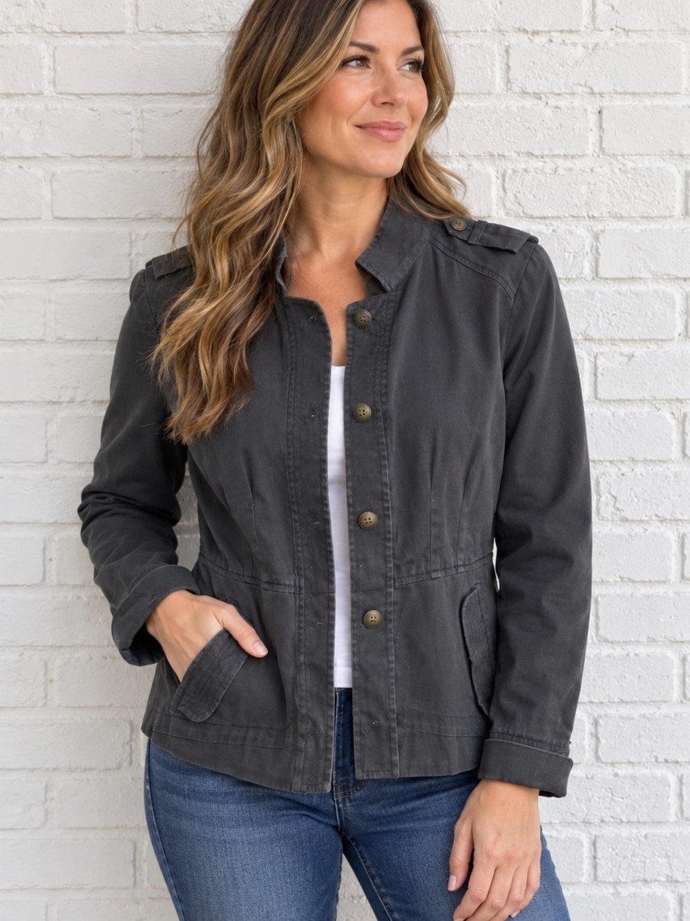 DKNY Jeans Womens Utility Jacket Military Moto Charcoal Gray Medium M
